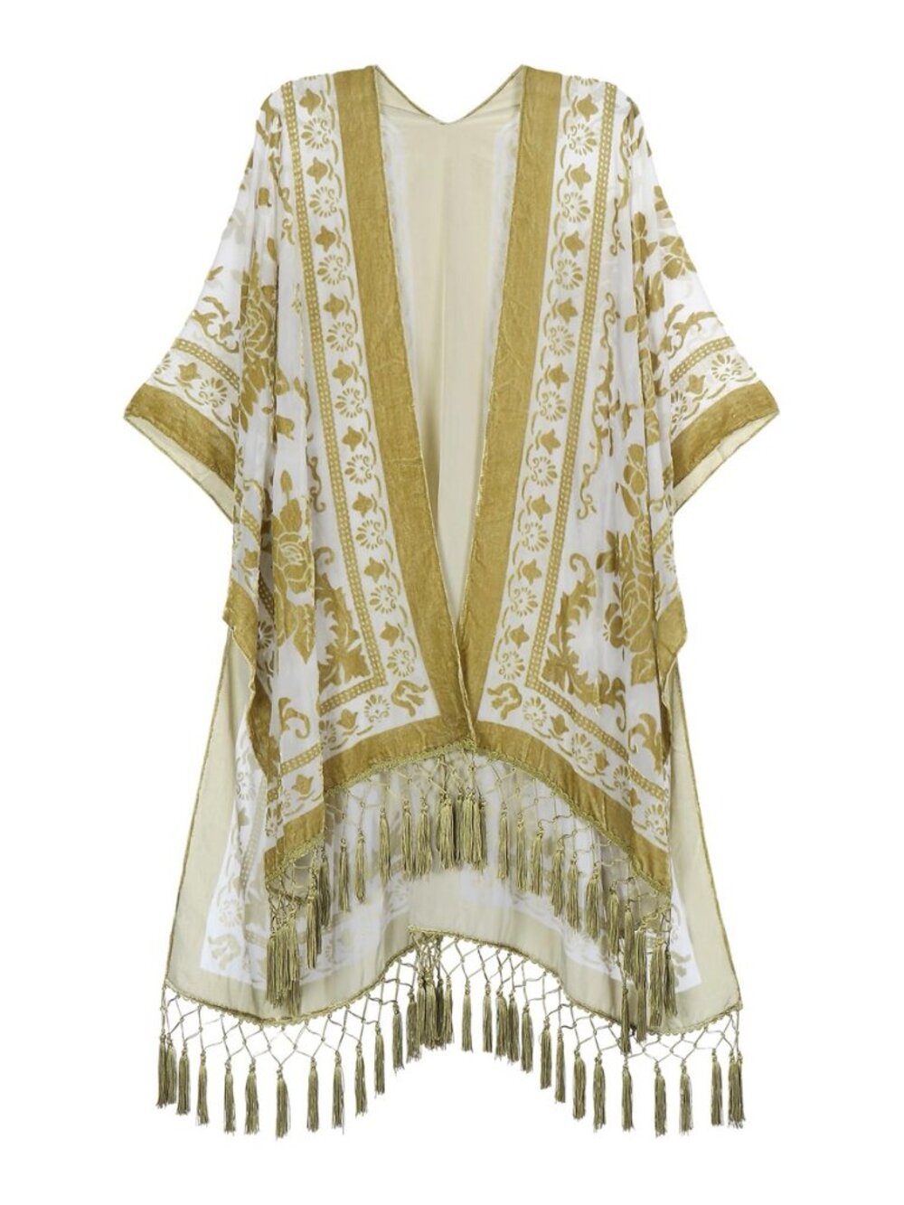 Women's Burnout Velvet Kimono Long Cardigan Cover Up With Tassel